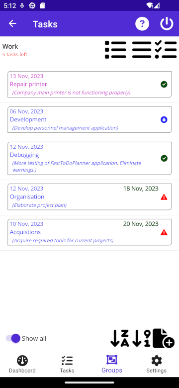 Tasks in group